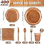 Kochorie 400 Pieces Wood Grain Slice Disposable Party Tableware Sets Rustic Wood Party Supplies Including Plates Cups Napkins Cutlery Serves 50 for Camping Birthday Forest Themed Party Decorations - Image 2