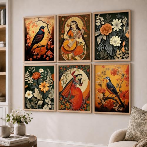 Image of kotart Premium Digital Madhubani Art Paintings with Frame for Home Decor - Framed Painting Living Room Bedroom Office - Wall Decoration - Pack of 6 (14X20 Inch, B)
