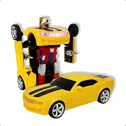 Carro Transformer Camaro BubleBee em Robô, Amarelo, com LED Colorido, Sons e Música, Brinquedo Educativo, Carro Bate e Volta