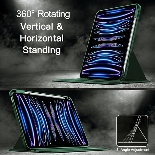 Image of TGK Rotating Case for iPad Pro 12.9 inch (2022 /2021 /2020 /2018, 6th /5th /4th /3rd Gen) with Pencil Holder 360 Degree Rotation Protective Trifold Stand Cover Clear Back (Forest Green)