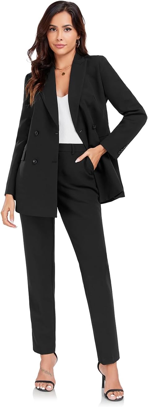 Women’s 2 Pieces Pant Suits, Double Breasted Blazer Set, Casual Loose Long Blazer Jackets and Pant Suits with Pockets
