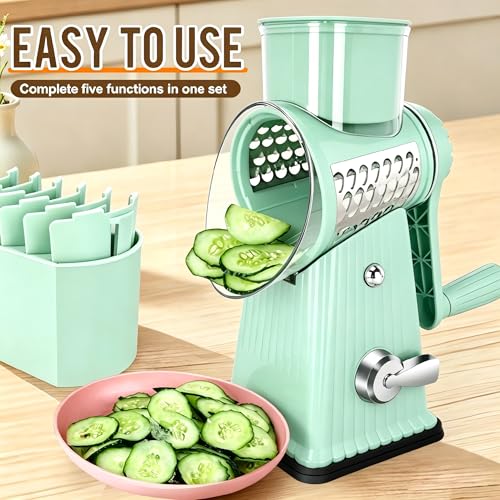 Image of Rotary Cheese Grater with 5 Well-designed Blades & Strong Suction Base, Kitchen Mandoline Vegetable Slicer with Blade Storage Box (Aqua)