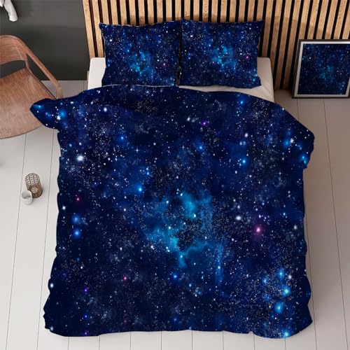 Linfye Housse de Couette 220x240 Ciel éToilé Bleu Parure de Lit 220 x 240 Adulte, Réversible Parure Housse Couette 2 Personnes en Microfibre avec Fermeture Éclair + 2 Taie d'oreiller 65x65cm