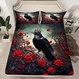 Black Crow Bettwäsche-Set für Doppelbett, rote Rose, Gartenblumen, Spannbetttuch, 2-teilig, für Kinder, Mädchen, Jungen, Frauen, Raumdekoration, Gothic, Wildtiere, Vintage, Gothic, tiefes Taschenlaken