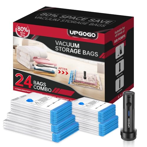 Image of UPGOGO Combo 24 Pack Vacuum Storage Bags with Portable Electric Pump,Vacuum Seal Bags for Clothing,Space Saver Bags,Vacuum Travel Bags for Luggage