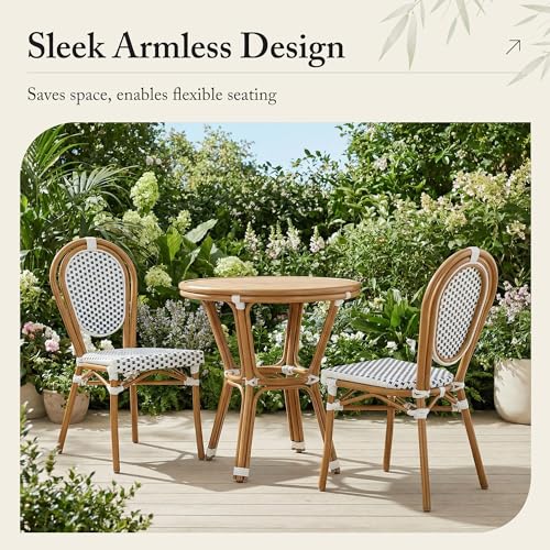 Image of PURPLE LEAF Patio Dining Chair Set of 4 Outdoor French Aluminium Frame in Champagne Finish with Sky Blue & White Woven Rattan for Indoor Kitchen Deck Bistros Cafe Restaurant