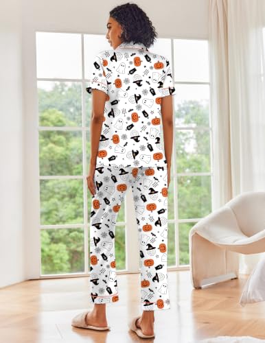 Image of Ekouaer 2 Piece Satin Short Sleeve Pajamas Set Button Down Sleepwear
