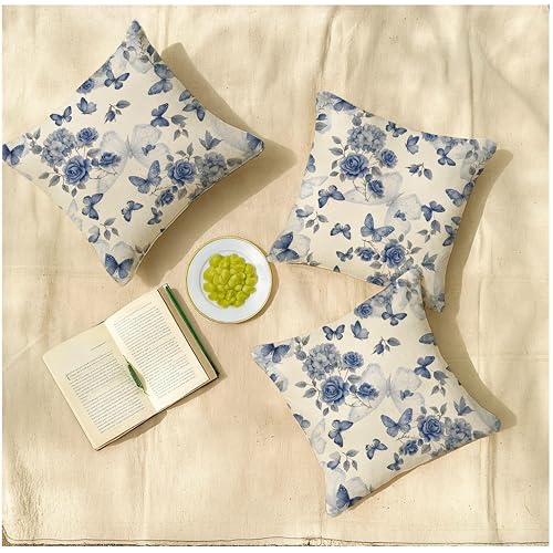 Image of Jaipur Weaves Cushion Cover 16 Inch X 16 Inch - Set of 3, Butterfly Print 180 GSM Decorative Soft Cushion Covers for Sofa /Bed /Chair, Gift for Home Decor (Blue Butterfly, 3)