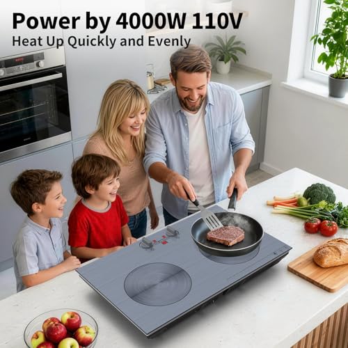 Image of GIHETKUT 2 burner Induction cooktop,110V 4000W induction hot plate with Brushed Panel,Knob Control,9 Power Levels, Kids Lock & Timer,LED touch control 2 burner induction cooker