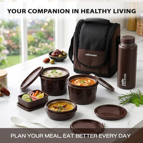 Image of CELLO MF All In One Lunch Box with Bag for Office Use, Brown | 225ml, 375ml, 550ml Microwave Safe Containers, 175ml Salad Box, 900ml Bottle with Fork & Spoon, Airtight Leak Proof Tiffin Box for Travel