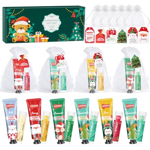 Christmas Bulk Gifts for Women, Lip Balm & Hand Cream Set with Organza Bag Thank You Card, Stocking...