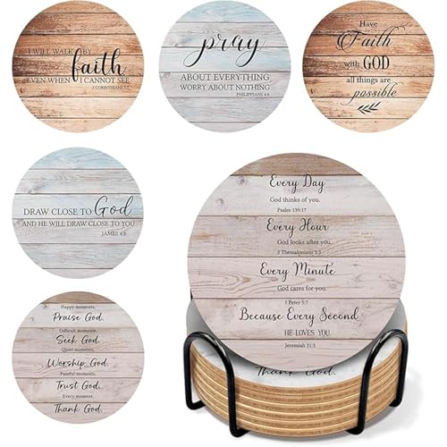 Sous-verres chrétiens en bois avec support (lot de 6) et versets - 2