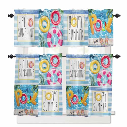 Summer Blue Pool Kitchen Curtains 24 Inch Length,3 Piece Rod Pocket Small Half Tiers and Valance Set,Swimming Ring Sunglasses Striped Art Small Large Window Treatment Decor for Bedroom/Bathroom Sink
