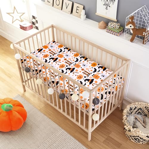 Image of UOMNY Halloween Pumpkin Crib Sheet for Boys Girls Pumpkin Ghost Fitted Crib Sheets for Standard Crib 52 X 28 Inch Toddler Crib Mattresses Sheet