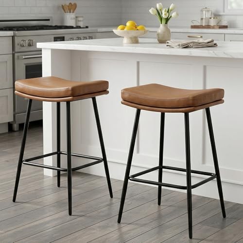 Image of Solstrand Saddle Bar Stools Set of 2,Counter Height Bar Stools for Kitchen Counter Farmhouse Modern Faux Leather Barstools with Upholstered Backless Seat and Solid Metal Legs, 26 inch Bar Chairs, Brown