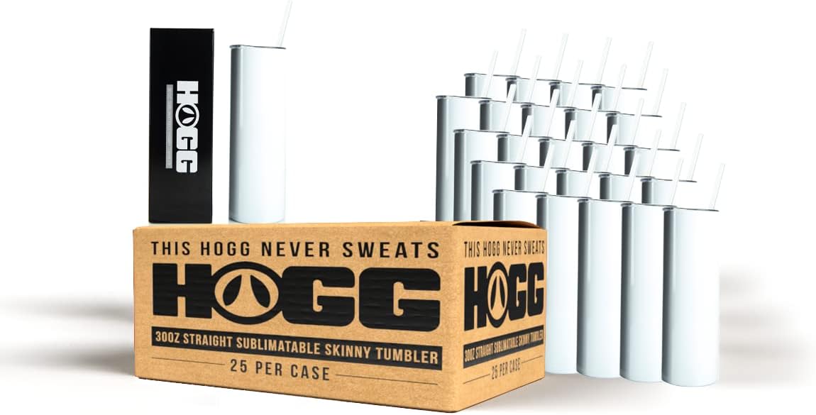 Hogg 30 oz Sublimation Tumbler (25 Units) - White, Sublimation Blanks, Bulk Tumblers with Lids and Straws, 30 oz Skinny, Blank Cups