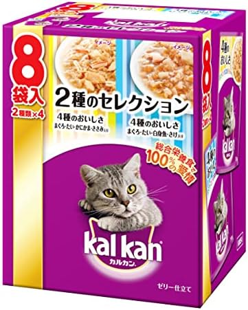 Kalkan Cat Food Pouch, 2 Types, Selection, 4 Types of Delicious Tuna, Taikai, Crab, and Scissors, 4 Delicious Tuna, Tai, White Fish, Salmon for Adult Cats, 2.4 oz (70 g) x 8 Bags