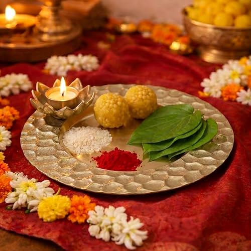 Image of BEHOMA Golden Lotus Tray with Tea-Light Holder, 30cm | Golden lotus tray with tea-light holder & honeycomb design, 30cm; ideal wedding & mehndi thali gift.