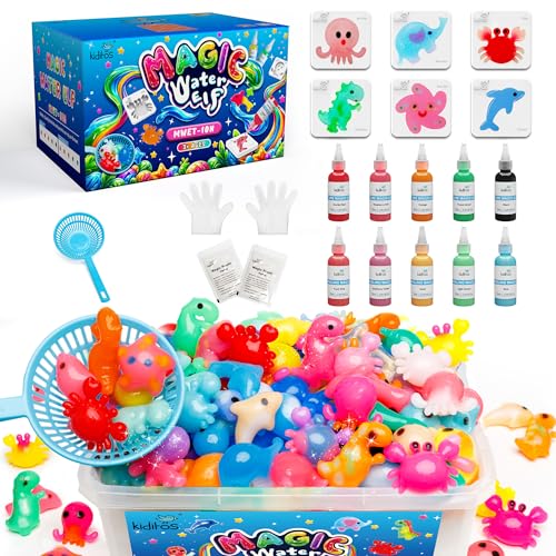 Kiditos Magic Water Elf Toy Kit – Squishies for Kids, 10 Gels & 6 Molds, Magic Gel Water Pets Sensory DIY Craft Kit, Party Favors & Gifts for Kids Ages 3+