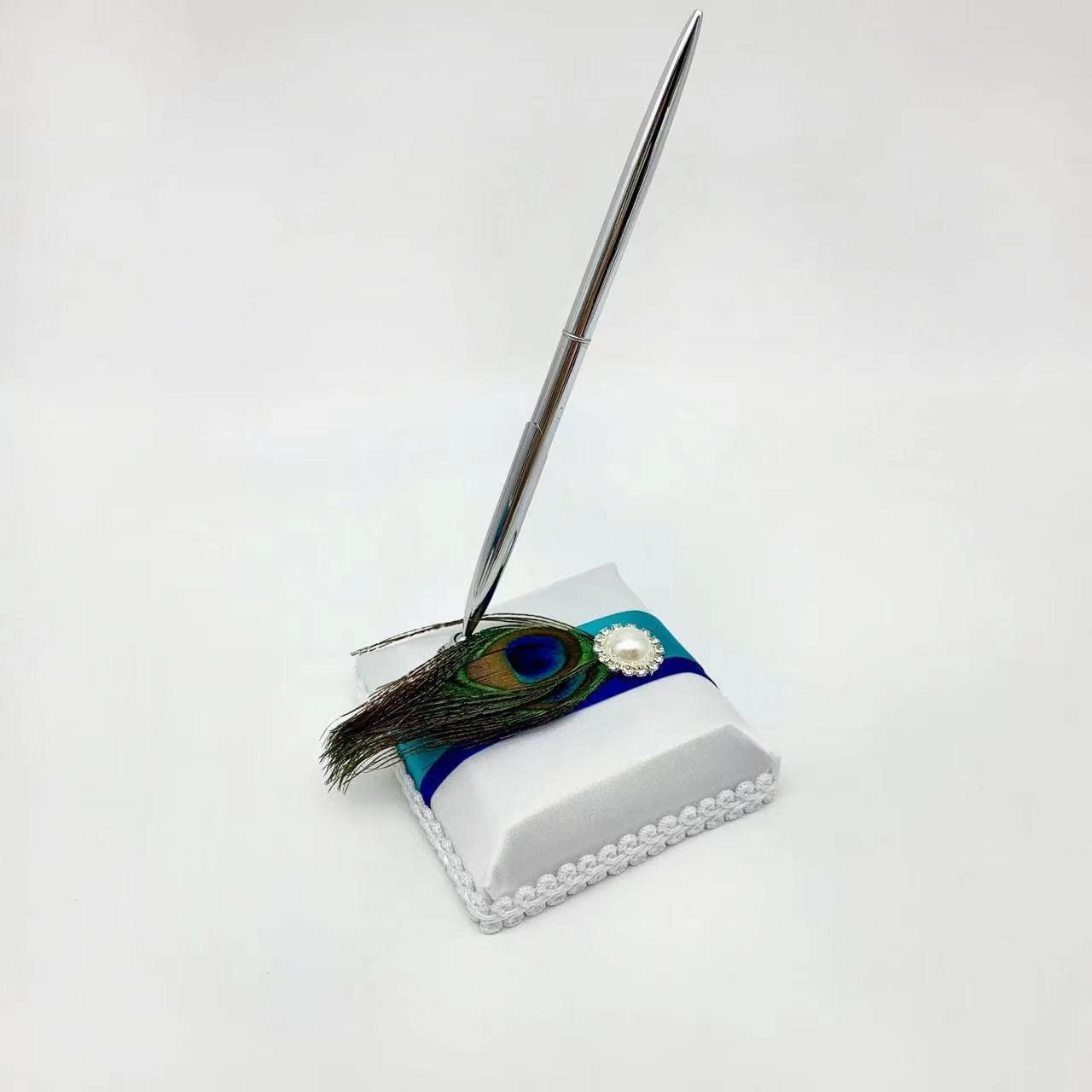 Ansuma Flower Girl Basket Ring Bearer Pillow Guest Book and Pen Set, Wedding Party Accessory with Peacock Feather and Blue Ribbon Decor(4 in All)