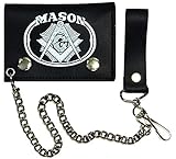 Tromic USA Mason Freemasonry Masonic Black Biker Chain Leather Wallet Tri Fold
