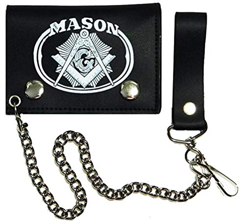 Tromic USA Mason Freemasonry Masonic Black Biker Chain Leather Wallet Tri Fold