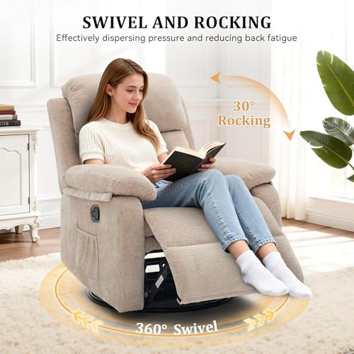 Image of Korser Recliner Chair, 360 Swivel Rocker Chair for Adults, Small Rocking Recliner Chair for Small Spaces, Upholstered Chenille Fabric Glider Recliner Nursery Chair with Side Pockets for Living Room