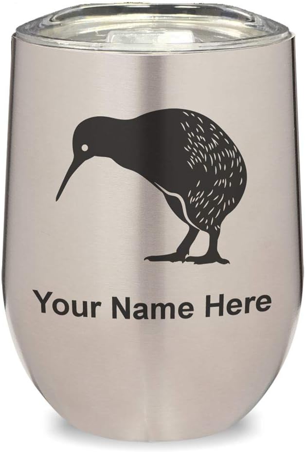 LaserGram 16oz Double Wall Stainless Steel Wine Glass Tumbler, Kiwi Bird, Personalized Engraving Included (Black)