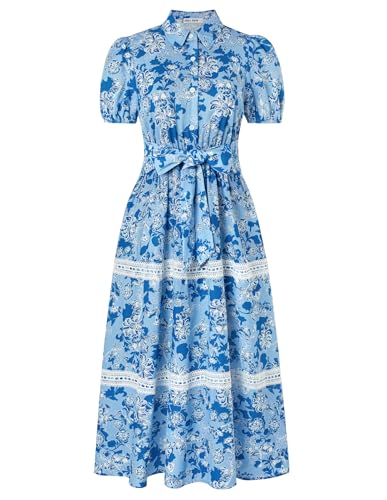 GRACE KARIN Women's 2026 Summer Floral Flowy Dresses Boho Tie Belt Short Puff Sleeve A Line Maxi Shirt Dress with Pocket Blue Floral X-Large