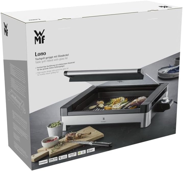 WMF Barbecue da Tavola con Coperchio in Vetro, Lono, Barbecue in Acciaio Inox 18/10, con Piastra Antiaderente, Termostato Removibile, Potenza fino a 2200W per Pietanze Veloci e Deliziose WMF Barbecue da Tavola con Coperchio in Vetro, Lono, Barbecue in Acciaio Inox 18/10, con Piastra Antiaderente, Termostato Removibile, Potenza fino a 2200W per Pietanze Veloci e Deliziose