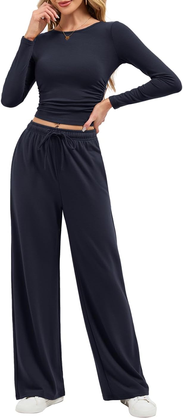 Arolina Two Matching Sets Airport Outfits for Women 2025 Travel Outfits Elasticity Crop Top & Easy Wide Leg Pants - Image 5