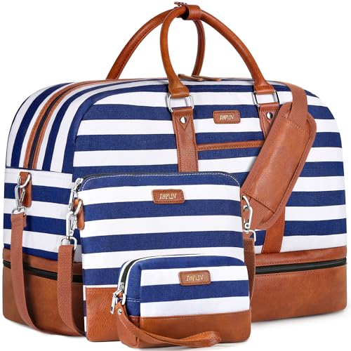 Image of Weekender Bag for Women, Large Overnight Bag Canvas Travel Duffel Bag Carry On Tote with Shoe Compartment 21 inch 3Pcs Set, A14-brown+blue & white stripes, Large