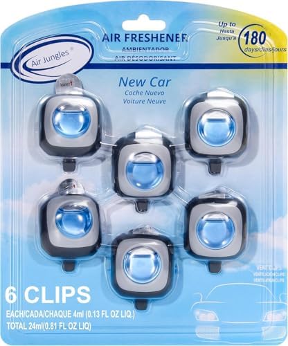 Air Jungles New Car Scent Car Air Freshener Vent Clip, 6 Count Long Lasting Up to 180 days, Natural Essential Oil Car Fragrance for Women and Men, Odor Eliminator – 4ml Each
