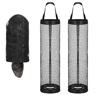 JIYIN 2 PCS Plastic Bag Holder, Black Grocery Bag Holder Reusable Mesh Hanging Storage Bags Dispenser for Plastic Bags Recycling Grocery Pocket Containers for Home and Kitchen