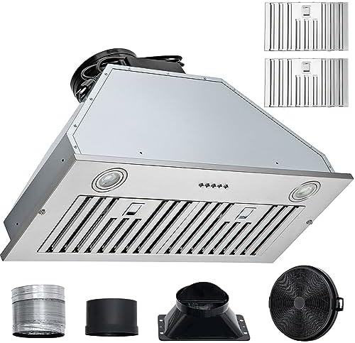 WACTO 30 Inch Stainless Steel Built-in Kitchen Vent with 800CFM 3-Speed, Push Button Control LED Lights Baffle Filters, Ducted/Ductless Convertible, ETL Listed - Range Hood