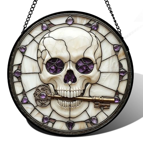 Image of Stained Glass Window Hanging - Halloween Scary Skull Suncatcher for Doors Garden Home Spooky Purple Skeleton Key Sun Catchers Gothic Decor Horror Gifts for Women Men Friend Boy Girl 6.3 in