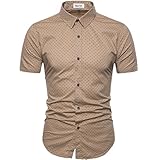 MUSE FATH Men's Printed Dress Shirt-Cotton Casual Short Sleeve Shirt,Button-Down Point Collar Shirt-Khaki NEW-2XL