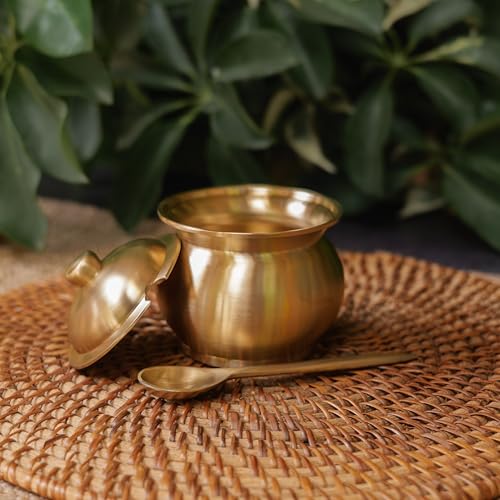 Image of Ambi Home Handmade Artisanal Pure Kansa Ghee Pot with Spoon | 100% Ayurvedic Metal Storage Jar with Lid | 200 ml Capacity | Traditional Artisanal Design | Golden Finish