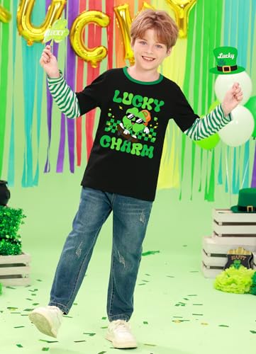 Image of Unisex Kid's St Patrick's Day Shamrock Top Striped Patchwork Irish Clover Long Sleeve Shirt 4-14 Years