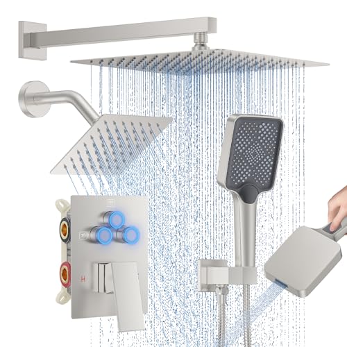 Image of Shower Faucet Set, 12" Wall Mount Rainfall Shower System with 2 Rain Shower Head and Multi-function Handheld Head Push Button Diverter Shower Faucet Trim Kit, Brushed Nickel
