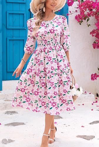 Image of Kormei Women Summer Casual Boho Floral Round Neck 3 /4 Sleeve Smocked Waist Tiered Flowy Swing Midi Dress XL White /Purple