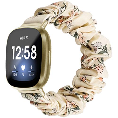 Compatible with Fitbit Versa 3/ Fitbit Sense Bands Women, Feminine Elastic Stretch Fabric Scrunchy Replacement Watch Band Straps Bracelet Wristband Fit for Fitbit Sense/ Versa3 (Beige, Small)