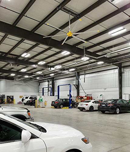 Image of Big Ass Fans E Series 12 ft Industrial 6 Blade Ceiling Fan Gearless Direct Drive Motor, High Volume Low Speed, Wired Wall Remote, 110-125V /1ph - Silver /Yellow