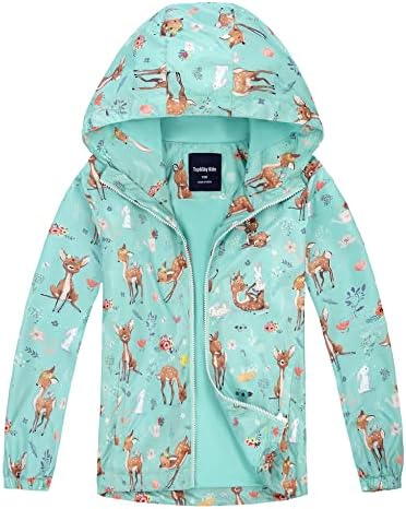 Boys Girls Rain Jackets Hooded Waterproof Lightweight Cotton Lined Rainwear Windbreakers Raincoats for Kid Green deer 7 8 Years