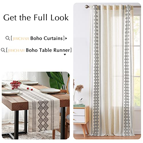 Jinchan Boho Curtains Linen Curtains Beige Farmhouse Curtains 84 Inches Long For Living Room Grey Square Embroidered Bordered Back Tab Bedroom Window Light Filtering Bohemian Curtains 2 Panels #TOP6