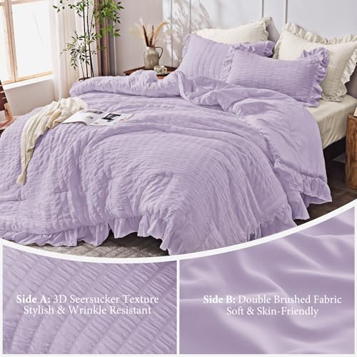 Image of JOLLYVOGUE Lavender King Comforter Set, 3 Pieces Seersucker Comforters King Size, Lightweight & Fluffy Bedding Sets King for All Season with 1 Ruffle Comforter and 2 Ruffle Pillowshams