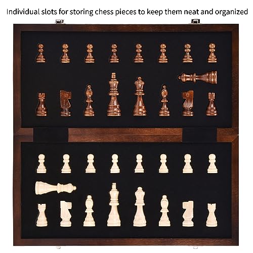 AMEROUS 15 Inches Magnetic Wooden Chess Set with 2 Extra Queens/Folding Board/Chess Pieces Storage Slots/Instructions, Portable Travel Chess Game for Beginner/Classic Board Game - Image 5