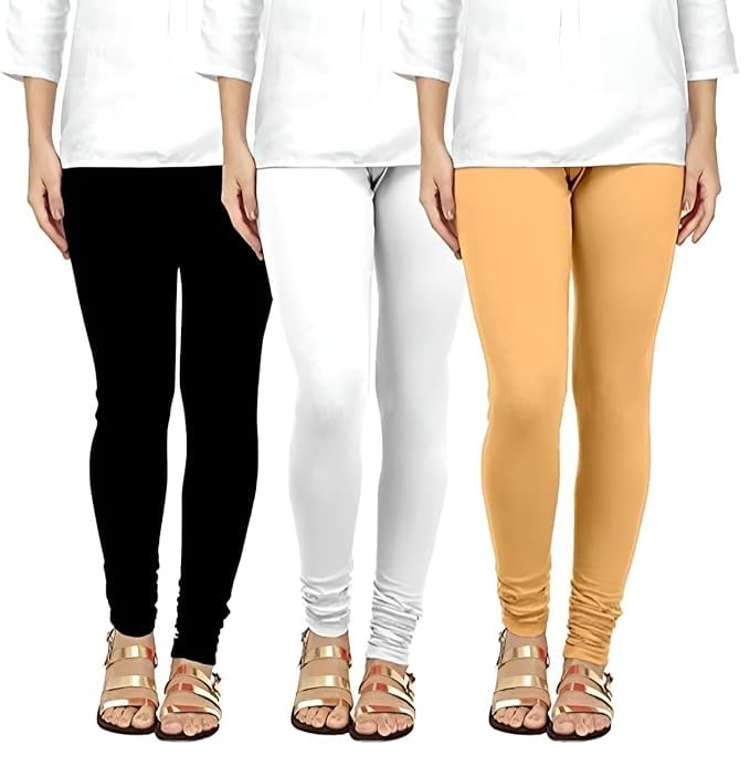 favorito Cotton Ankle Length Churidar Leggings for Women, Elasticated Waistband, Set of 3-picture-13