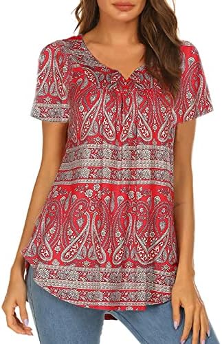 Halife Women's Short Sleeve Summer Tops for Leggings Loose Fit Floral Henley V Neck Shirt Casual Tunic Blouse Red M