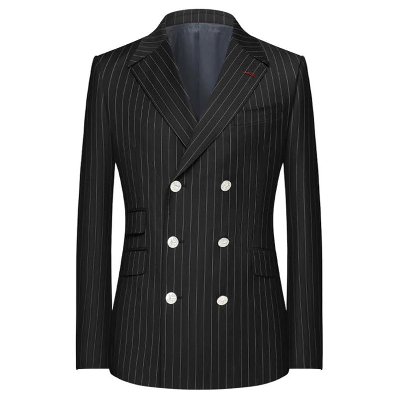 HBDesign Men's Double-Breasted Peak Lapel Six-Button Black Striped Suit Jacket with Two Right-Side Pockets